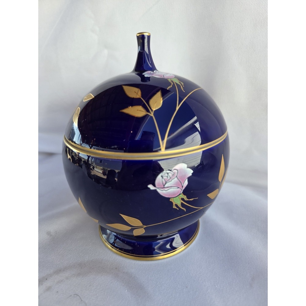 Vintage Japan Cobalt Blue Porcelain Trinket Jewelry Box Pink Roses Gold Floral
